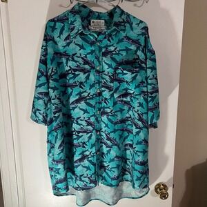 Vintage Columbia Mens Teal Fish Shark Print Rayon Linen Short Sleeve Shirt XXL